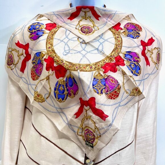 New Sticker On Celine Paris 19"MiniScarf/Handk+2 Other Beige floral  cotton (5 - Picture 8 of 11